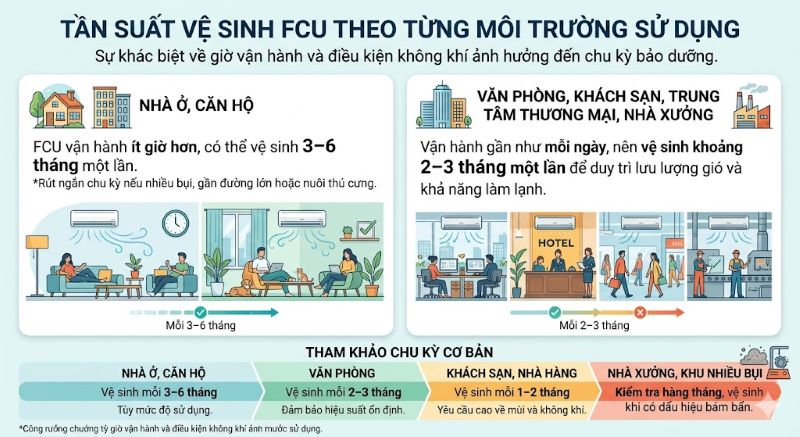 Tần suất vệ sinh FCU theo từng môi trường sử dụng