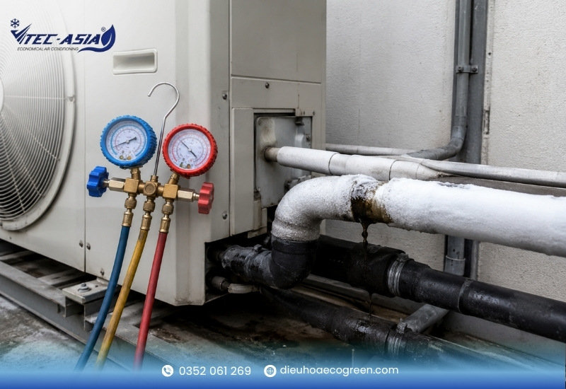 điều hòa công nghiệp không mát do Điều hòa bị thiếu gas, hết gas hoặc rò rỉ môi chất lạnh