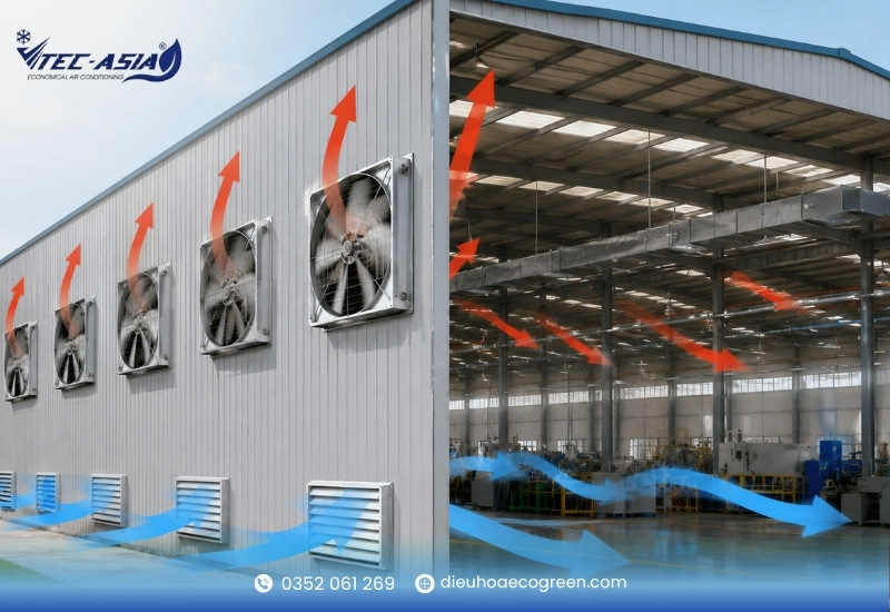 Làm mát nhà xưởng bằng quạt hút và thông gió công nghiệp