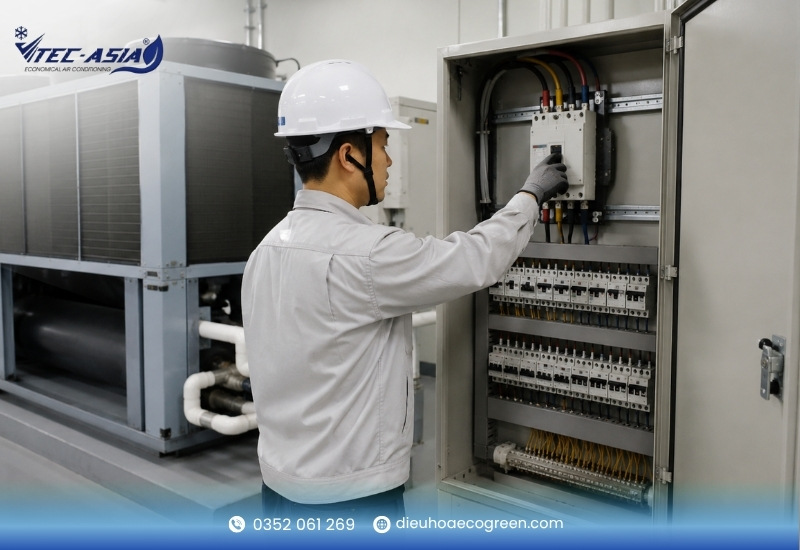 vệ sinh điều hòa công nghiệp Bước 1: Ngắt nguồn điện hệ thống