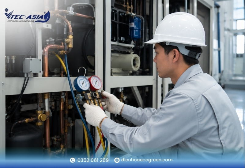 vệ sinh điều hòa công nghiệp Bước 3: Kiểm tra lượng gas và hệ thống dẫn gas