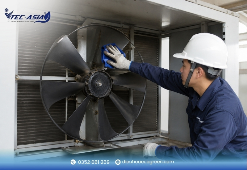 vệ sinh điều hòa công nghiệp Bước 7: Vệ sinh, bảo dưỡng cánh quạt điều hòa