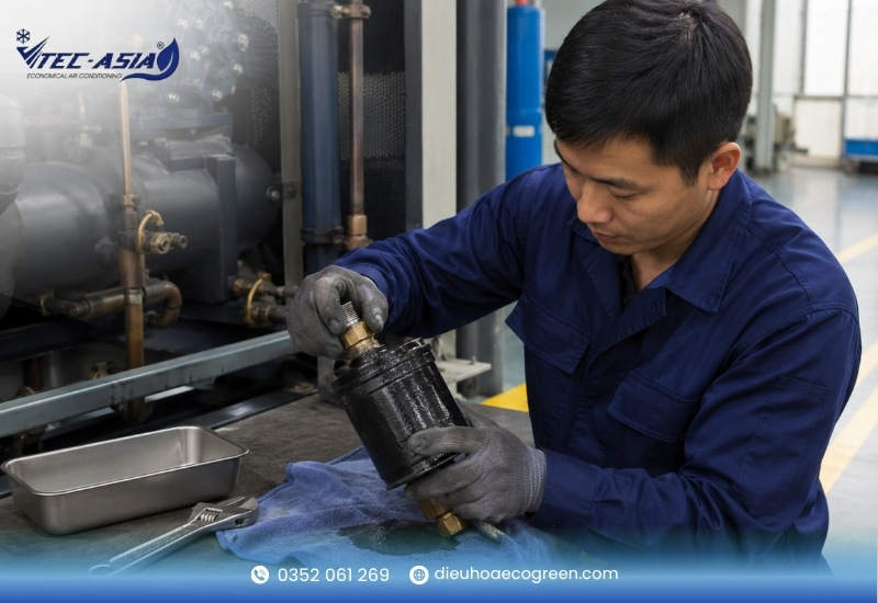 vệ sinh điều hòa công nghiệp Bước 9: Vệ sinh hộp dầu, dầu hóa máy lạnh