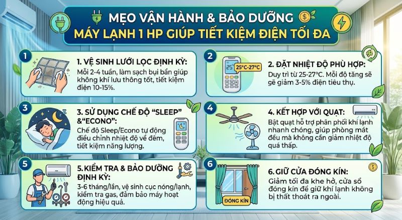 Mẹo vận hành và bảo dưỡng máy lạnh 1 HP giúp tiết kiệm điện tối đa