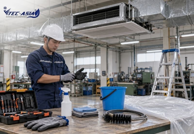 vệ sinh điều hòa âm trần nối ống gió